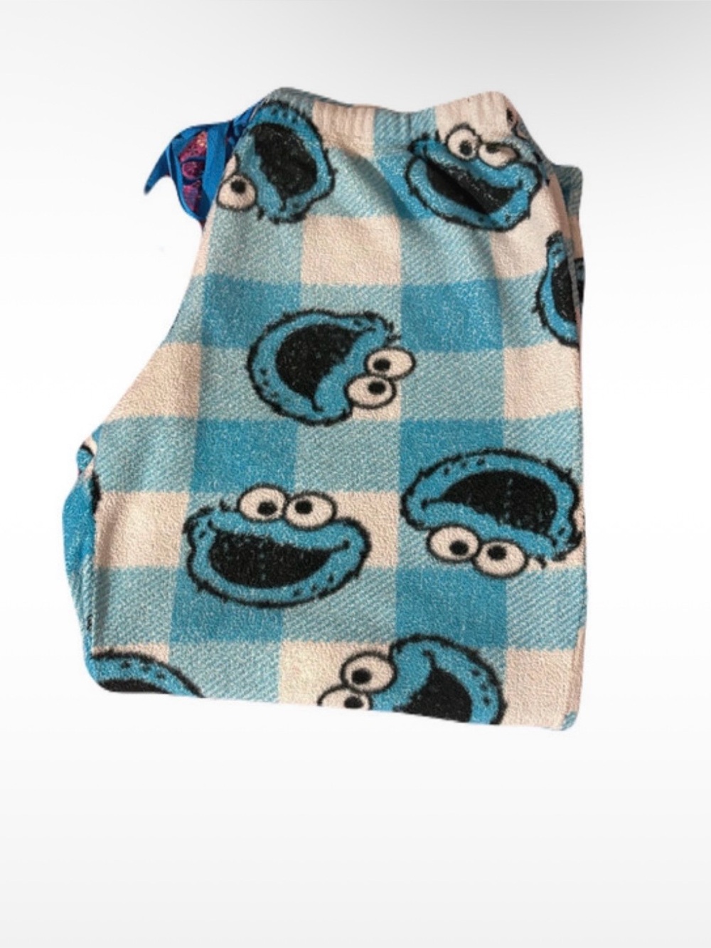 Cookie Monster plaid pajama bottoms size XS faded preloved 💙🩵💙🩵